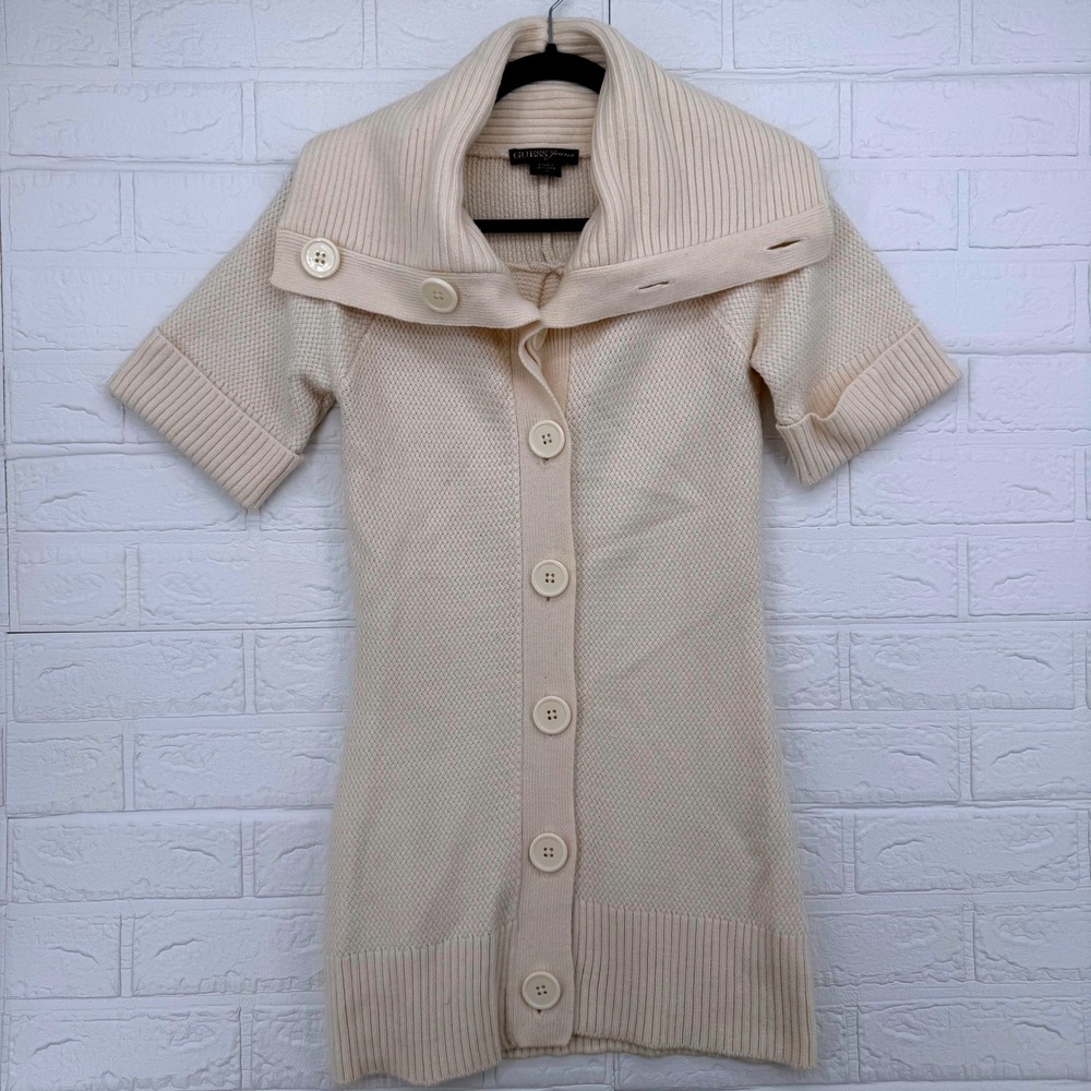 Guess Jeans Cardigan Sweater Womens Small Cream Short Sleeve Shawl Collar Knit